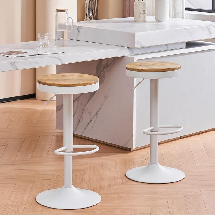 Kidol Adjustable Height Bar Stools 2-Pack - 360° Swivel, Round Wooden Seat on Metal Frame, for Kitchen/Bar/Living Room (White)