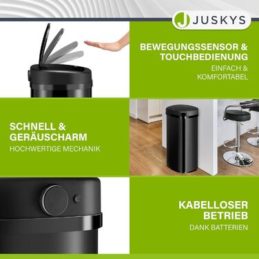 Сміттєвий бак кухонний Juskys з датчиком руху, 60л, чорний - нержавіюча сталь, кутовий, з фіксатором для пакетів