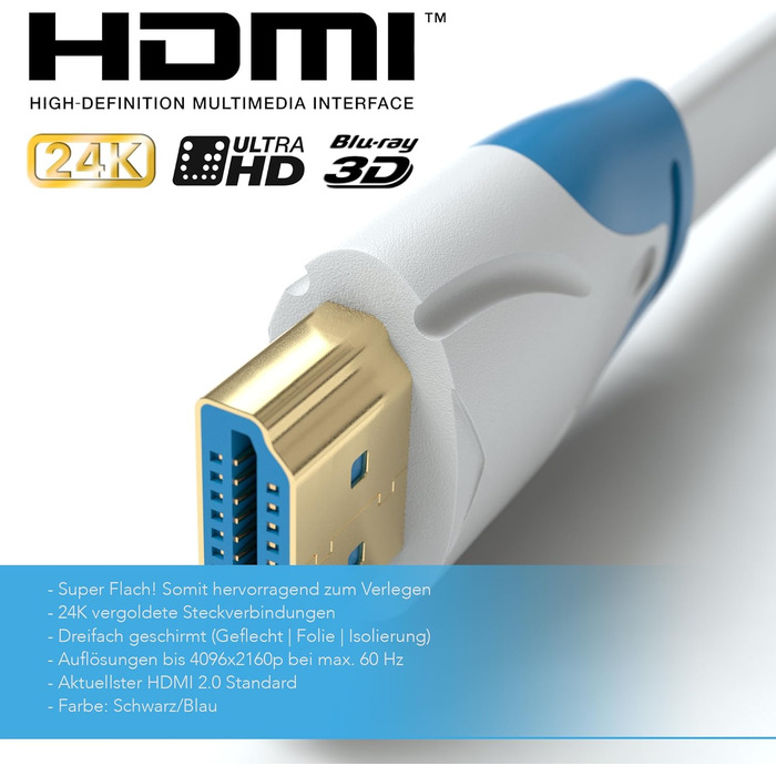Плоский HDMI 2.0 кабель JAMEGA 5m, білий | 4K@60Hz, Ultra HD, HDR, Ethernet | Підтримка HDMI 2.0a/b, 2.0, 1.4a