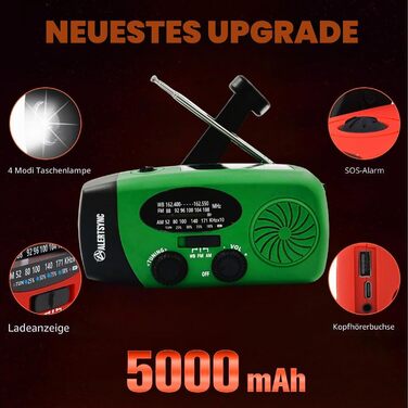 Сонячна радіостанція iRonsnow з ручним заводом, LED-ліхтарем, USB-зарядкою 2000mAh (зелена) - для походу, кемпінгу, надзвичайних ситуацій