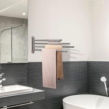 Тримач для рушників у ванну кімнату з 3-ма перекладинами, поворотний, з 3-ма кріпленнями, 40 см, нержавіюча сталь, монтаж на стіну, срібний (тримач для рушників з 4-ма кріпленнями)