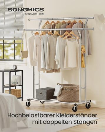 SONGMICS Стійка для одягу з металу, до 110 кг, на коліщатках, 129-169 см, хром HSR12S