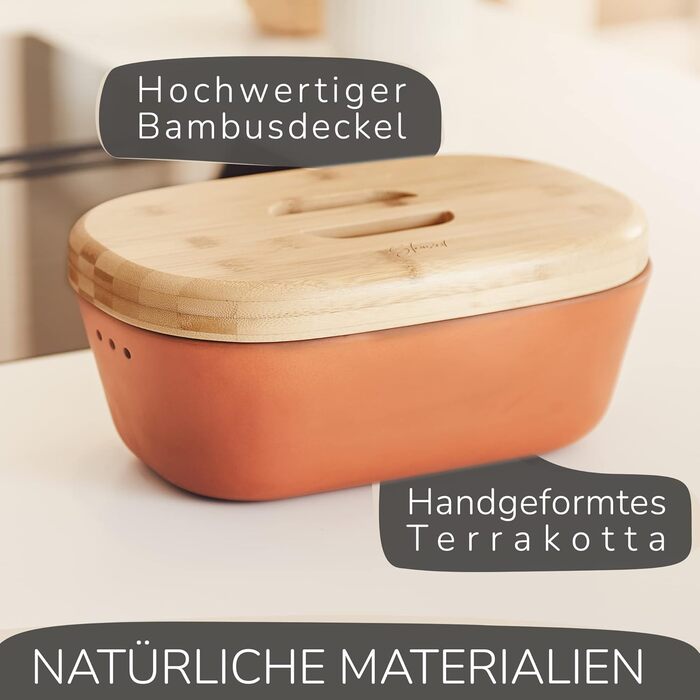 Bread Box - Bread Container made of breathable clay – Ceramic bread box with elegant bamboo lid – Bread pot for space-saving storage