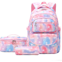 Шкільний рюкзак для дівчаток: набір з 3 шт. (рюкзак, ланч-бокс, пенал) зірковий рожевий колір