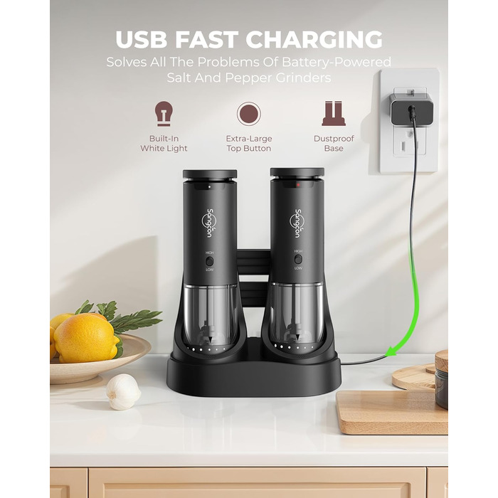 Sangcon Electric Salt and Pepper Grinder, 2 Speed Settings, 6 Grind Settings, Automatic Pepper Grinder with USB Charging Station, One-Handed Grinding (Space Grey)