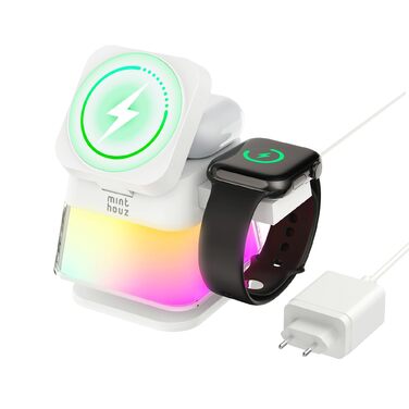 Бездротова зарядна станція 3-в-1 Minthouz Leap Cube 15, швидка зарядка 15W Qi, підставка з багатокольоровою підсвіткою для iPhone 16, 15, 14, 13