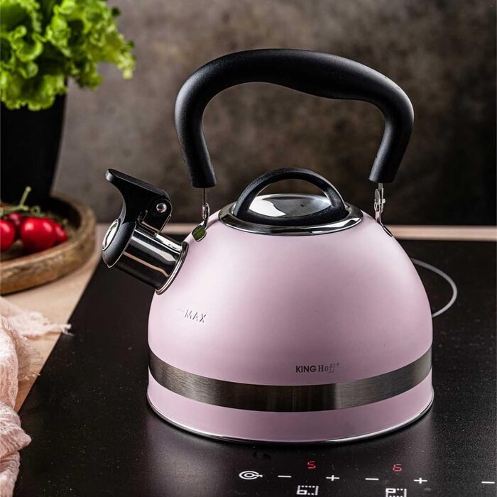 Чайник Kinghoff 1.8L з нержавіючої сталі з свистком, для індукційних плит, рожевий