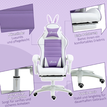 Ігрове крісло Vinsetto Ergonomic Gaming Chair з підтримкою попереку, підставкою для ніг, ігровий диван з вушками, подушкою для голови, офісне крісло з регульованою спинкою та функцією відкидання, фіолетовий | Aosom