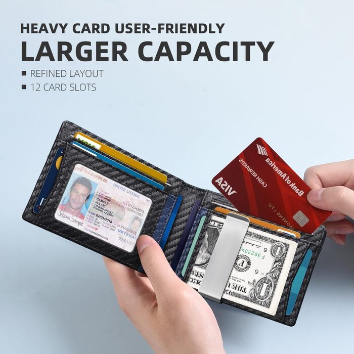 Чоловічий шкіряний гаманець Zitahli Sport-Fan з відділеннями для 10-12 карток, RFID-захистом, кліпсою для грошей та віконцем для посвідчення, тонкий, мінімалістичний, подарунок для чоловіків (карбонове чорний, акцентний синій)