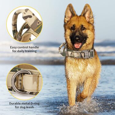 Тактичний нашийник для собак Huntvp, регульований, з ручкою, з нейлону, з підкладкою, металева застібка, для середніх собак, полювання, дресирування, відпочинок, Outdoor, камуфляж L