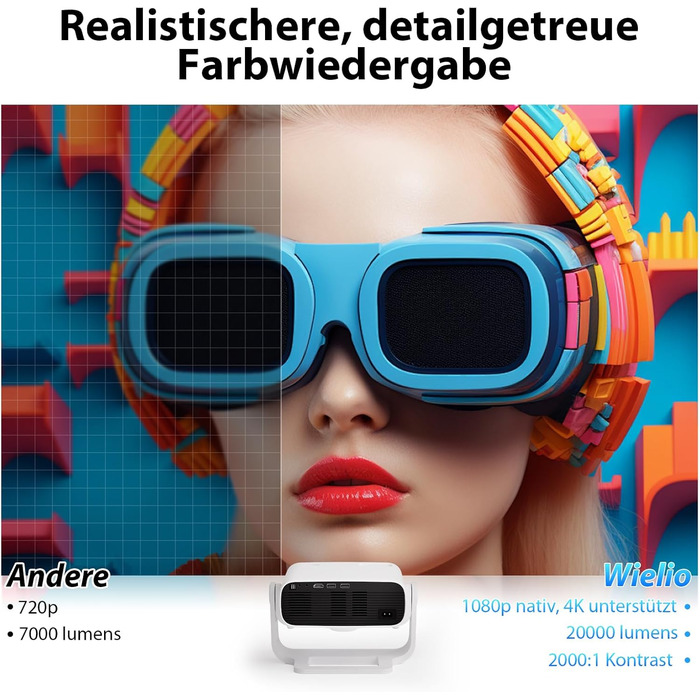 Wielio 2025 Smart Beamer: Android 11, 1080P (4K), WiFi 6, Bluetooth 5.2, 20000 Lumens, для дому, сумісний з iOS/Android/PS5