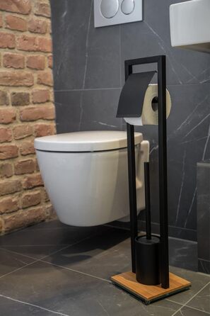 Набір для туалету WENKO Bambusa: тримач для туалетного паперу та щітка для унітазу, Loft-стиль, чорний/натуральний, 18 x 72,5 x 18 см