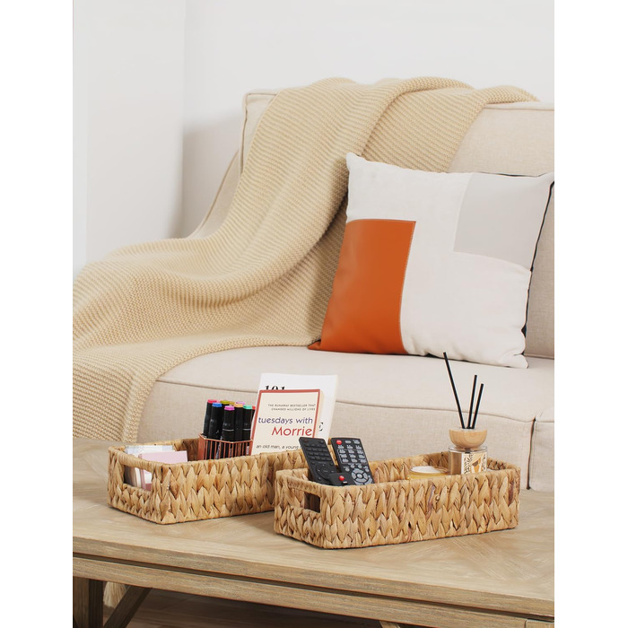 StorageWorks Woven Water Hyacinth Baskets, 2-Piece Set - Storage Baskets Woven from Water Hyacinth, 33x21x18cm Water Hyacinth Storage Basket Rectangular Shelf Basket with Double Handle for Gifts (Natural Color (Water Hyacinth), 28.5cm*19cm*9cm)