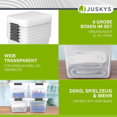 JUSKYS Storage Box with Lid - Set of 4 Plastic Boxes, 45L - Large Box, Stackable, Transparent - Storage Organization System Storage Boxes (Set of 6 - 45 Liters)
