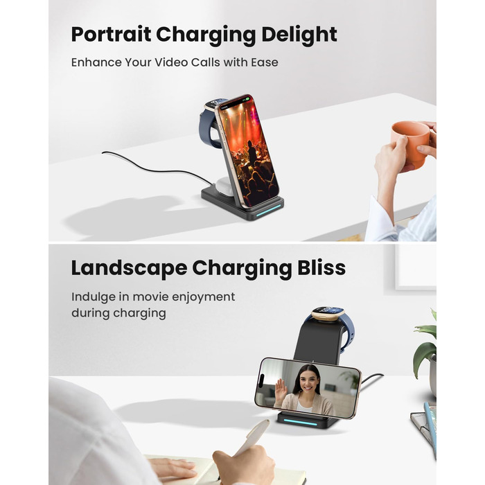 Зарядна станція GEEKERA 3-в-1 для бездротової зарядки Google Pixel Watch 3/2, Fitbit Versa 4/3/Sense 2, iPhone, Pixel, Samsung (Чорний матовий)