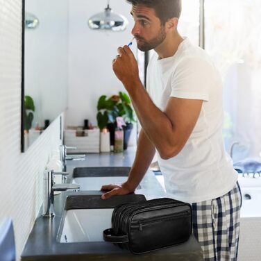 Чоловіча косметичка-рюкзак, чорна, з водовідштовхувального PU-шкіри, двошарова, з мокрим/сухим відділенням