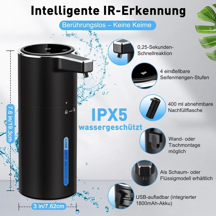Автоматичний дозатор мила на стіну, сенсорний, 400 мл, USB, акумулятор 1800 mAh, для ванної, кухні, офісу (Білий). Підтримка чорного кольору та піни.