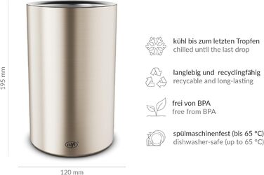 alfi SECCO, Stainless steel bottle cooler for 0.70 to 1l bottles, wine, sparkling wine. Keeps drinks cool without condensation or ice cubes, keeping drinks refreshingly cold until the very last drop. Drinks are dishwasher-safe and BPA-free (Champagne Mat, cylindrical)