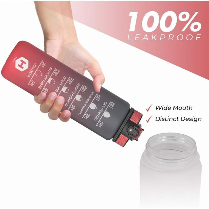 1L Drinking Bottle - BPA-Free Drinking Bottle with Straw and Time Markings - Water Bottle for Bicycle, Outdoor, School, Running, and Gym - Carbonated Drink Bottle Suitable (gray and red)