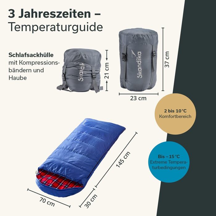 Skandika Dundee Junior Kids Sleeping Bag | Flannel-Lined Cotton Sleeping Bag for Children - Waterproof, 13°C to 3°C Comfort, 175 x 70cm