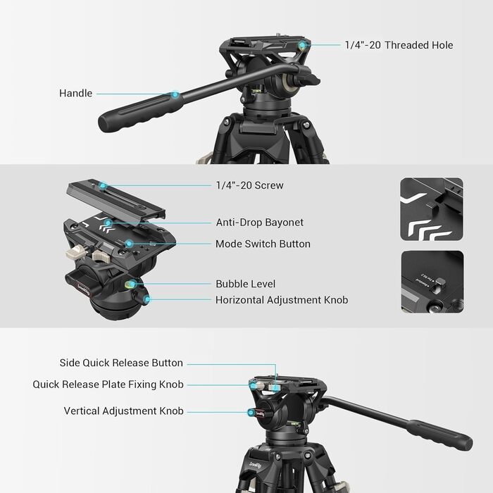 SMALLRIG Штатив відео, 186 см, для DSLR, Camcorder, камер, вантажопідйомність 8 кг - 3751B