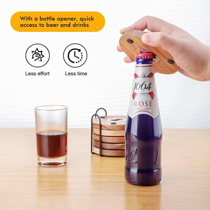 Acacia Wood Coasters Set of 6 with Bottle Opener, Wooden Coasters for Drinks with Holder, Table Protector for Home and Office Decor