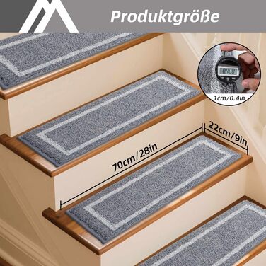Ковзаючі килимки на сходи COSY HOMEER, 70x22 см, 15 шт., самоклеючі, з антиковзаючою основою, машинне прання, 100% поліестер, TPE, сірий колір