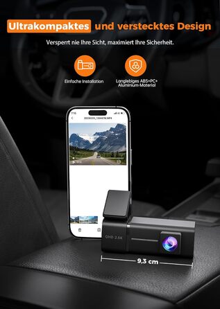 Відеореєстратор Veement Dashcam Auto Vorne 2.5K з WiFi, 1440P, 32GB SD, ParkWatch, Нічне Бачення, G-Sensor, Loop, APP, Чорний