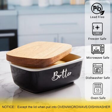 ALELION Butter Dish, large ceramic butter dish with lid for countertop, vintage butter holder with wooden lid, for home, kitchen decoration, butter container holds two butters, black