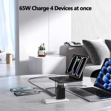 Зарядний пристрій USB-C 65W з кабелем, GaN 4-порти, швидка зарядка для MacBook, iPad, iPhone 15/16 Pro Max, Samsung Galaxy S23/S24 (2м USB-C - USB-C, чорний)