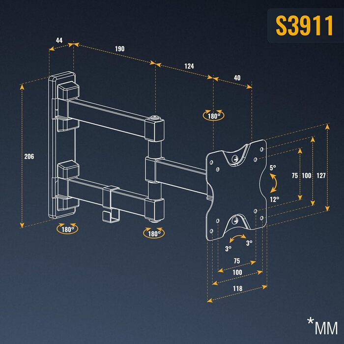 Настінне кріплення для монітора/телевізора RICOO S3911 13-34 дюйми, поворотне, VESA 75x75/100x100