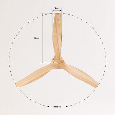 Вентилятор стельовий WINDCALM ABS білий з пультом, 40W, Ø132cm, 6 швидкостей, DC-двигун, літньо-зимовий режим, без освітлення, імітація світлого дерева