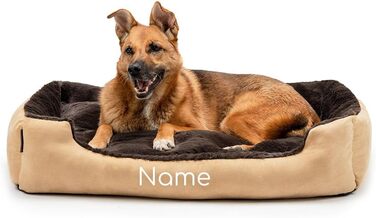 Ліжко для собак Lionto з двостороннім подушкою та неслизьким дном, міцне лежання для собак та котів будь-якого віку, 60x48 см, м'яке собаче ліжко, (Д 90 x Ш 70 x В 20 см (з іменним нанесенням), бежево-коричневе)