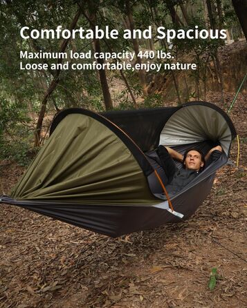Гамак для кемпінгу 4-в-1 з москітною сіткою та знімним сонцезахистом, 290x140 см, армійний зелений