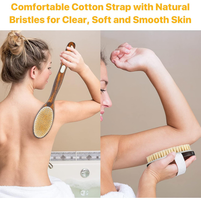 Набір з 2 шт. щітки для спини та душу з довгим руків'ям, для тіла, для пілінгу, натуральна щетина, видаляє омертвілу шкіру, зменшує целюліт, покращує лімфодренаж