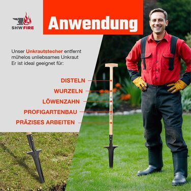SHW-FIRE Professional Weed Puller with 82cm Ash Wood Handle - Hand-forged with Practical Step