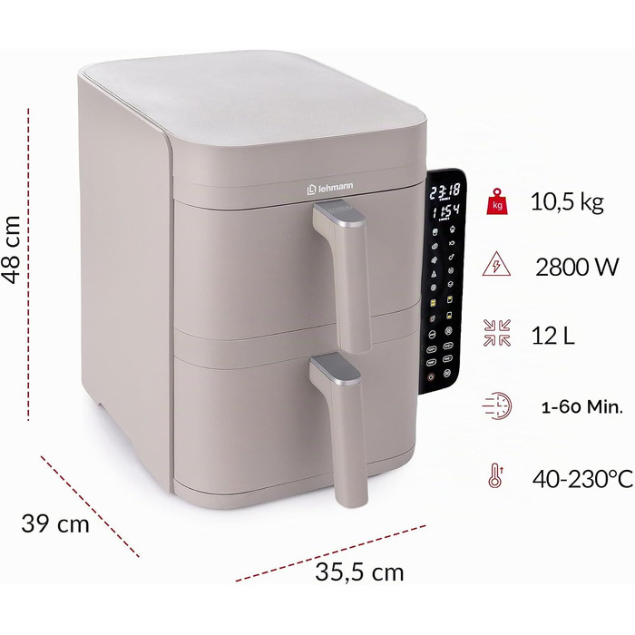 Аерофритюрниця з двома камерами LEHMANN XXL 12L, безмасляний Airfryer на 2800 Вт, 10 програм, антипригарне покриття, бежевий
