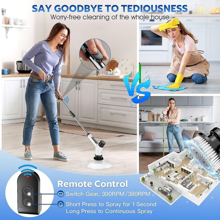 Електрична щітка для прибирання з акумулятором 3000mAh, 7 насадок, регульована ручка, IPX7 водонепроникність, 2 швидкості, для ванної кімнати та плитки, кремово-білий колір (Коричнева Хмара)