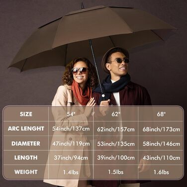 NINEMAX Парасолька велика, стійка до вітру, автоматична, для чоловіків та жінок, з подвійним покриттям, вентильована (колір: коричневий, розмір: XXL / 172 см)