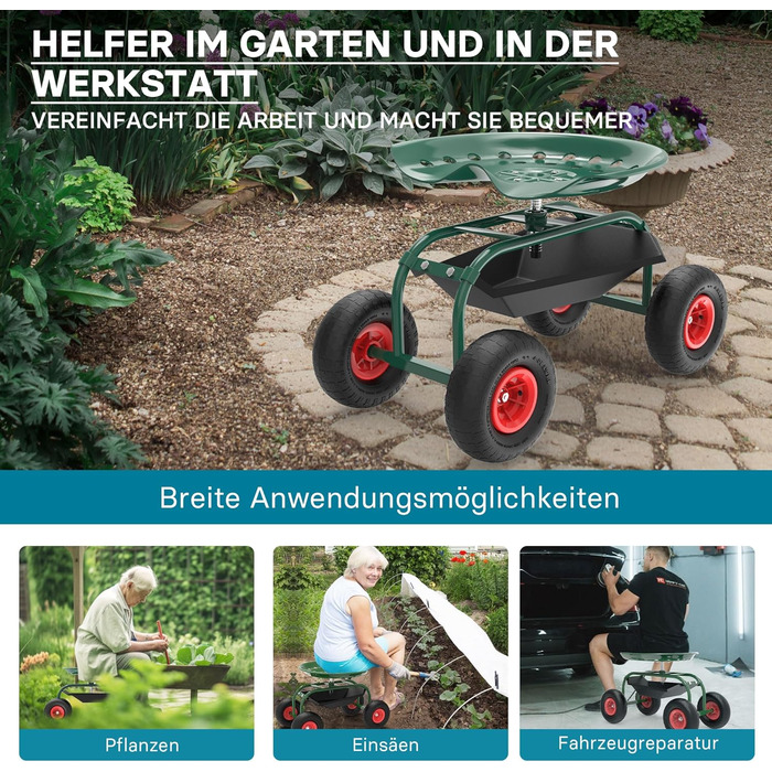 Wiltec Garden Wagon with Storage Area up to 150kg, Garden Chairs with Tires, Garden Trolley for Gardening, Workshop Wagon, Mobile Work Cart, Garden Seat, Mobile
