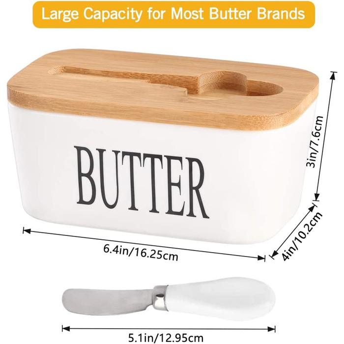 Butter dish with lid and knife, 650 ml, large ceramic butter dish, double silicone seals, butter dish for storing homemade butter, nuts and cheese