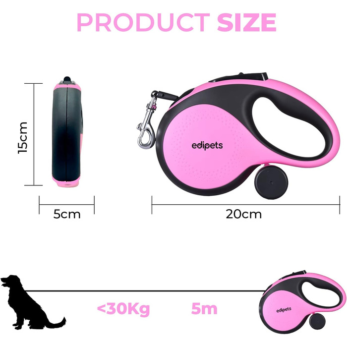 Hundeleine Edipets висувна та втягувана, 5 м, рожева, для собак малих, середніх та великих порід