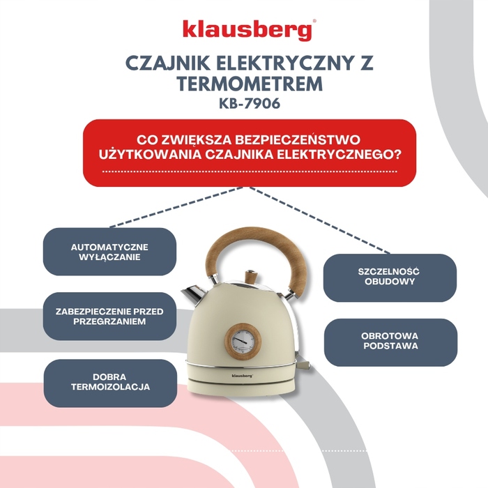 Електричний чайник Klausberg KB-7906 RETRO з термометром, 1.8 л, бежевий, 2200 Вт