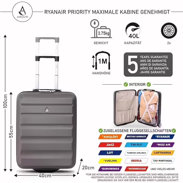 Aerolite 55x40x20cm Lufthansa, Eurowings, TUI, SunExpress, Condor, Ryanair Priority 2-wheel hard-shell carry-on luggage, hand luggage, hand luggage suitcase, cabin trolley, trolley suitcase 55x40x20 Grey