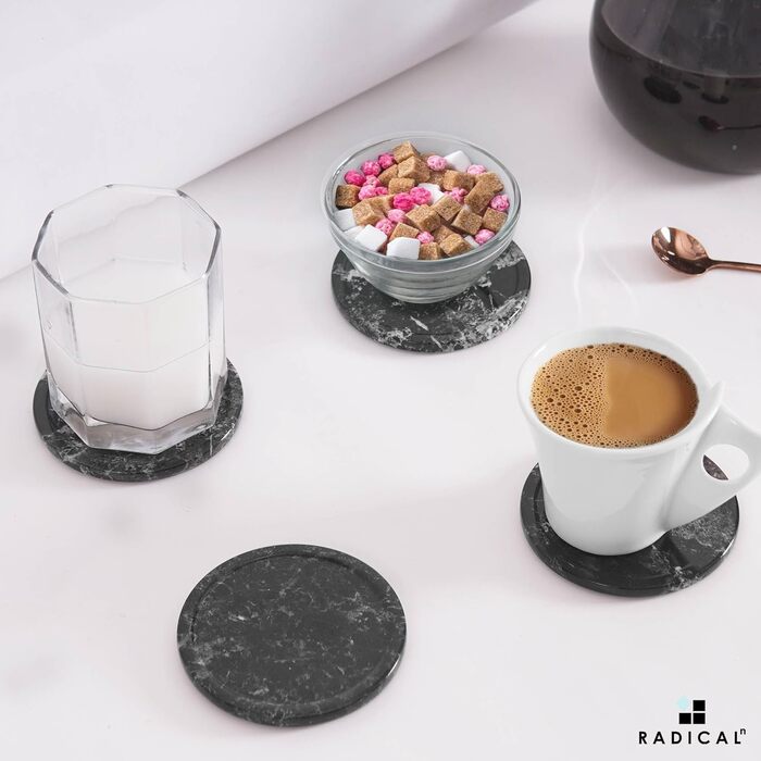 Radical coasters for drinks, marble, 8.9 cm, handmade, for cups and glasses, coaster set for kitchen, car, office, white, set of 6 (black)