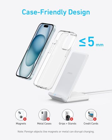 Бездротова зарядка Anker 313 Qi, сумісна з iPhone 16/15/15 Pro/15 Pro Max, SE (2020), 13/13 Pro/13 Pro Max, XR, Galaxy S22 (10W, без блоку живлення)
