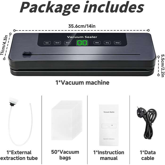 Вакуумний пакувальник 6-в-1 з цифровим LED-дисплеєм та 30 см зварювальною лінією, 50 шт. вакуумних пакетів, зовнішній шланг, для сухих та вологих продуктів, срібла