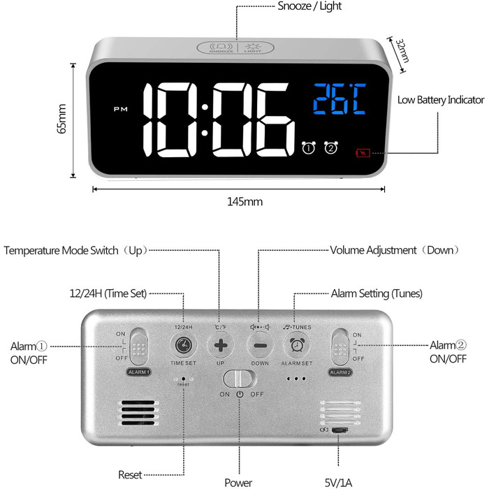 Цифровий годинник MOSUO з LED-дисплеєм, USB-зарядка, показник температури, голосове керування, 2 будильники, регулювання яскравості та гучності, срібний