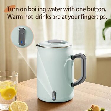 Електричний чайник 0.9л з нержавіючої сталі 304, 1360W, швидке кип'ятіння за 4-6 хвилин, класичний компактний дизайн, кнопка вмикання в один дотик, автоматичне відключення та захист від перегріву, для дому, офісу та любителів кави (світло-зелений)