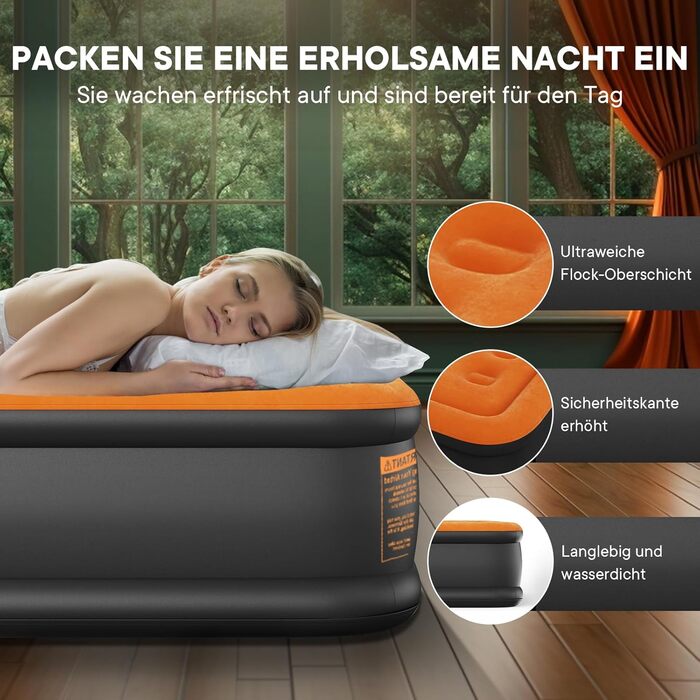 Надувне ліжко самонадувна, 1 місце, з електричним насосом, преміум якість, для кемпінгу та дому, темно-помаранчевий колір